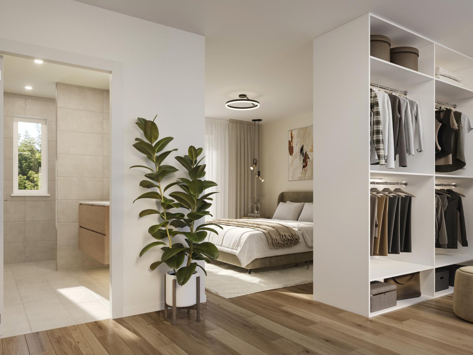 Begehbarer Kleiderschrank mit Schlafzimmerblick