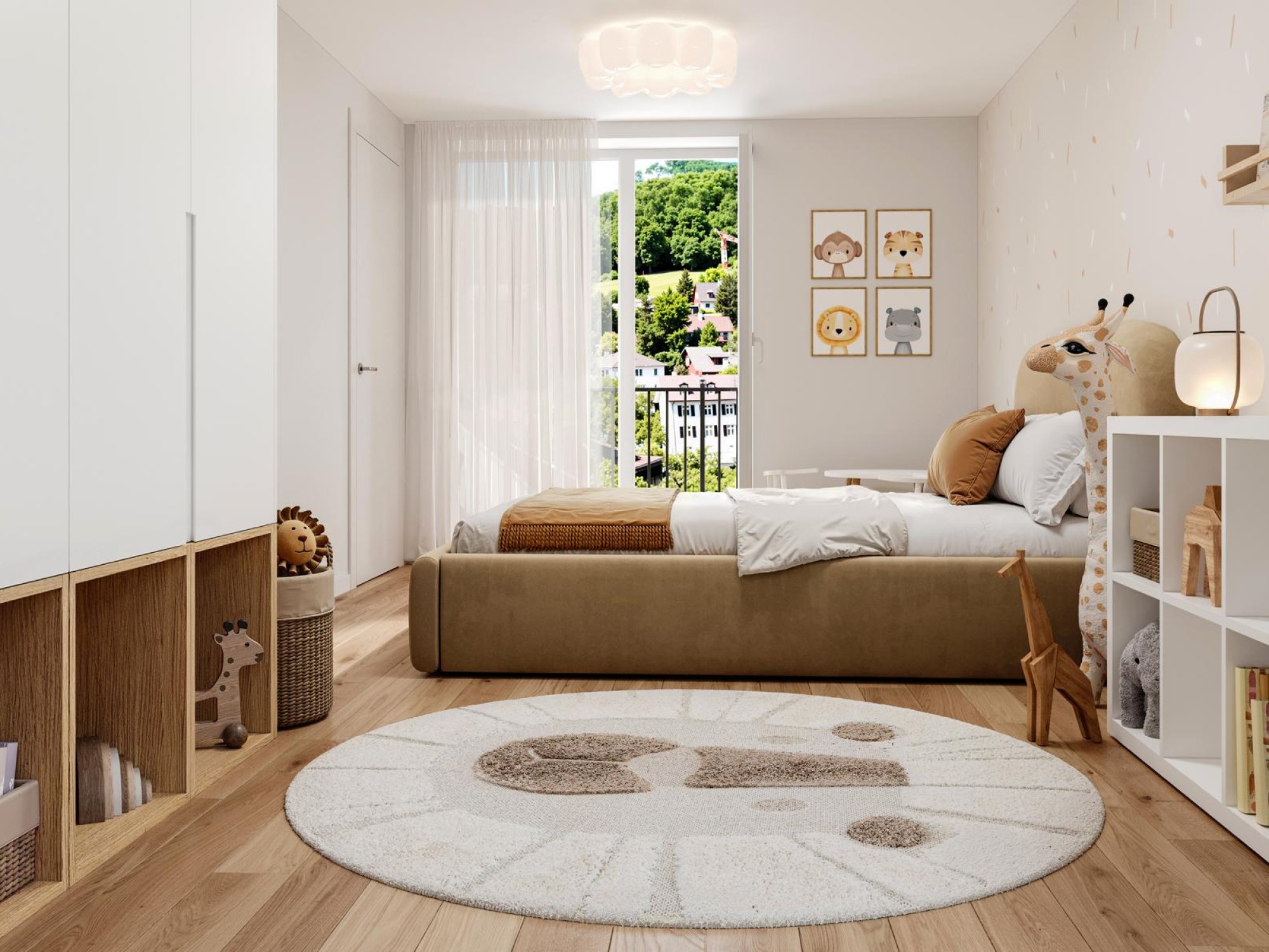 Helles Kinderzimmer mit Naturholz und Giraffenmotiv