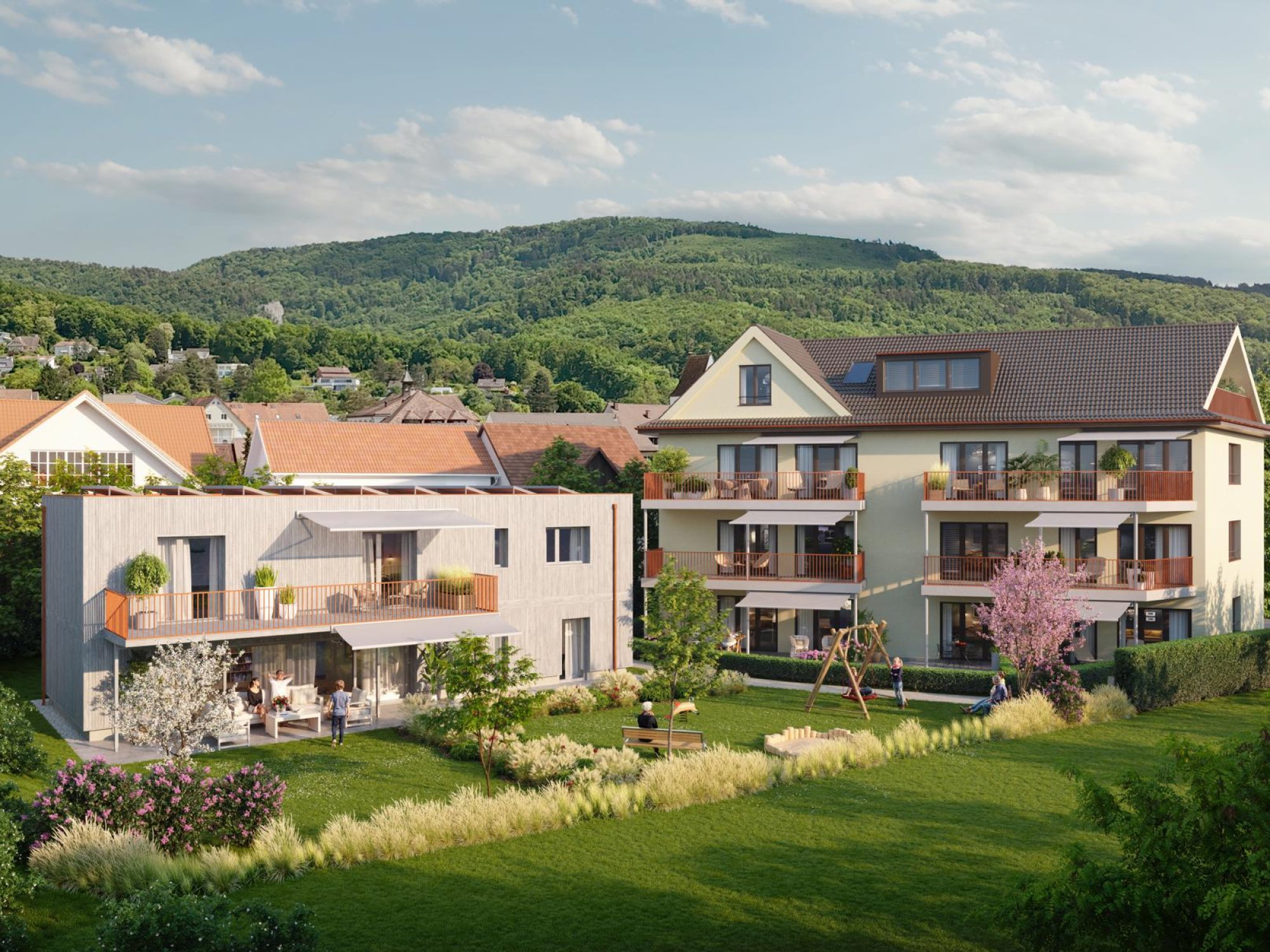 Moderne Wohnanlage mit Gärten und Blick ins Grüne