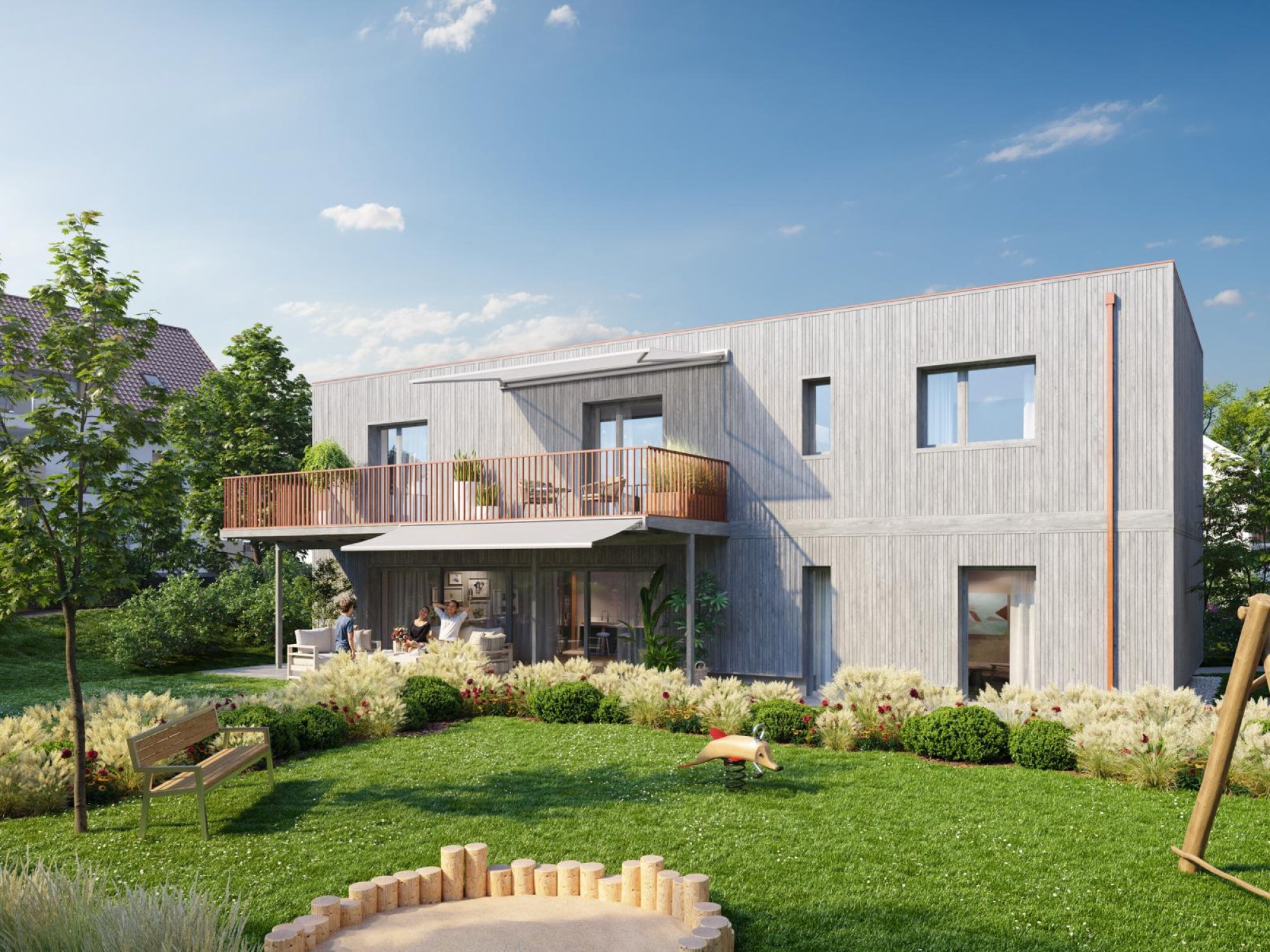 Moderner Neubau mit Garten und Balkon