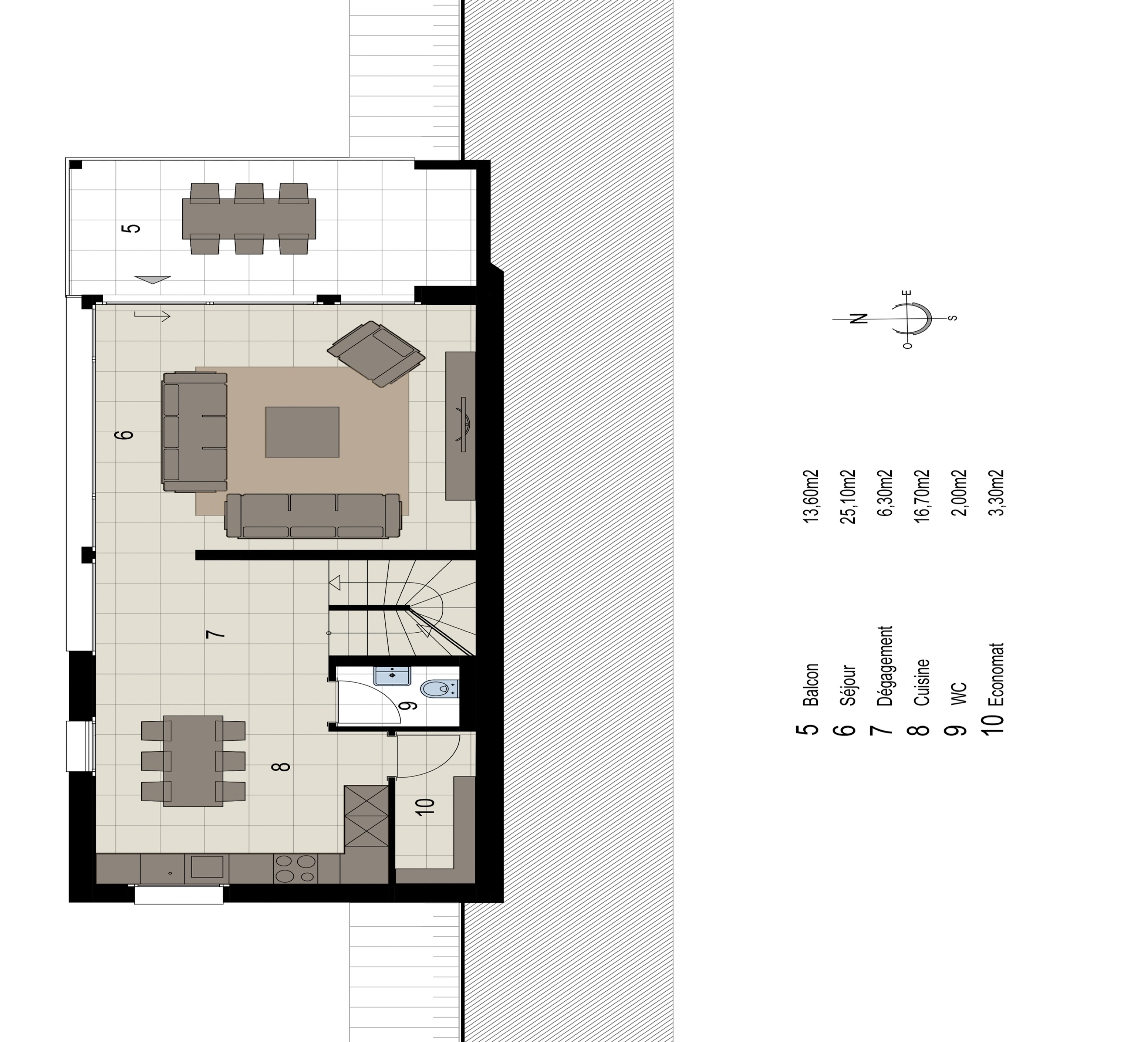 Grundriss einer Wohnung mit Balkon, Wohnen, Küche, WC, Diele und Economat