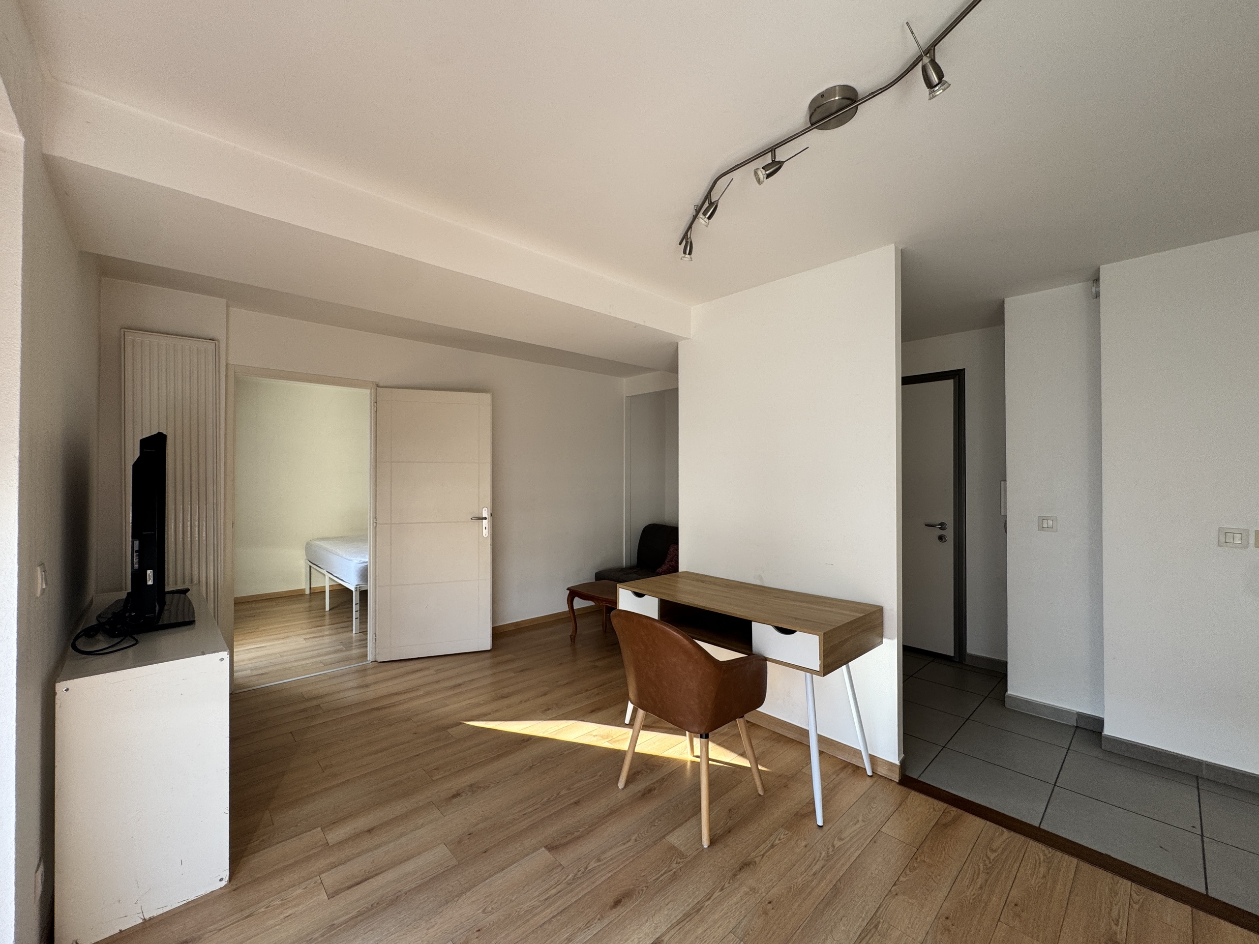 Helles Wohn- und Arbeitszimmer mit angrenzendem Schlafbereich
