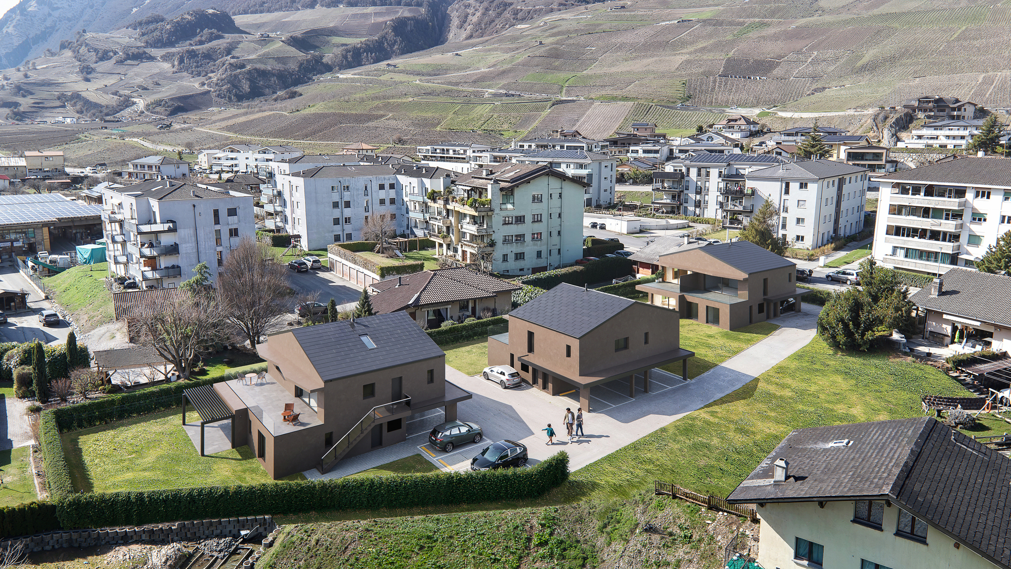 Luftaufnahme eines Wohnquartiers in Hanglage