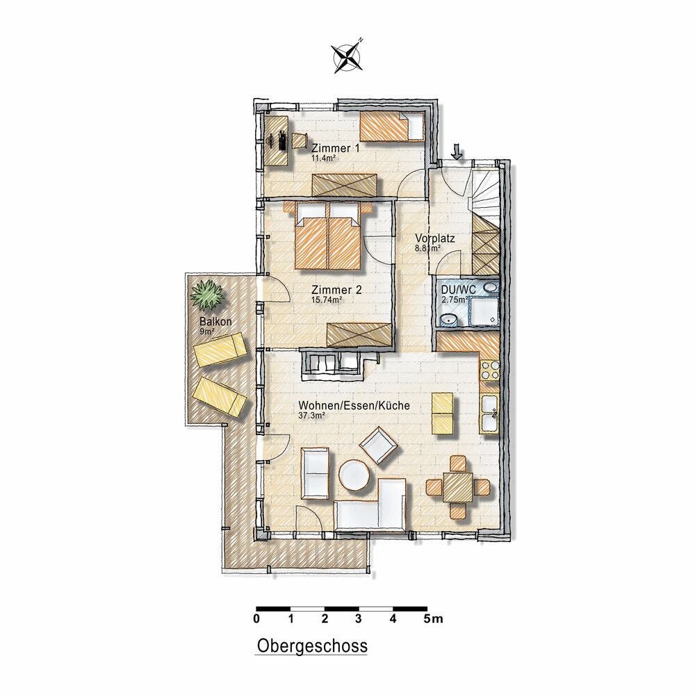 Obergeschoss-Grundriss mit Balkon, Wohnbereich und zwei Zimmern