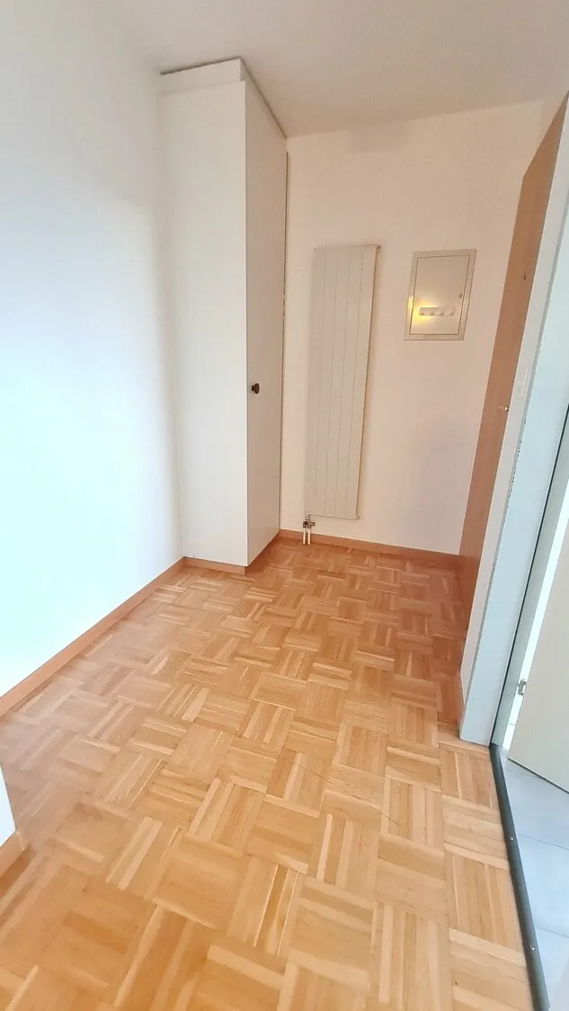 Schmaler Flur mit Parkett und Einbauschrank