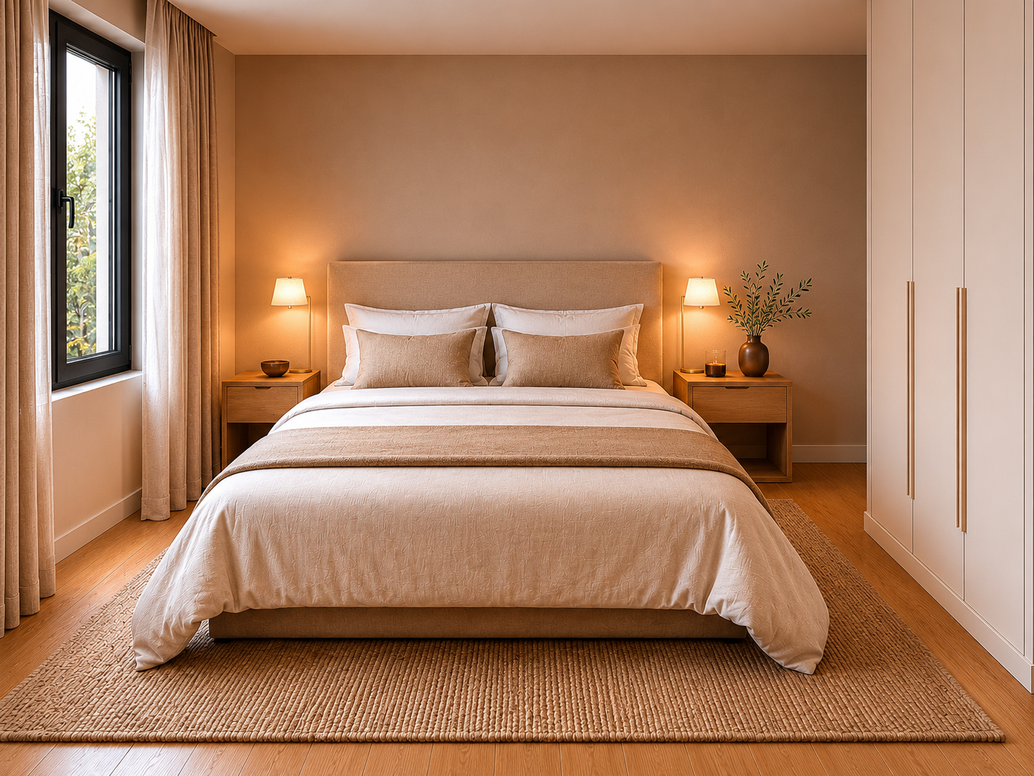 Helles, modernes Schlafzimmer mit warmen Naturtönen