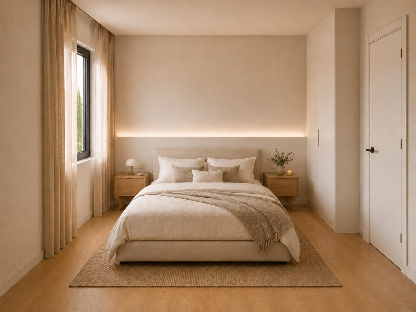 Helles, minimalistisches Schlafzimmer mit warmen Holztönen