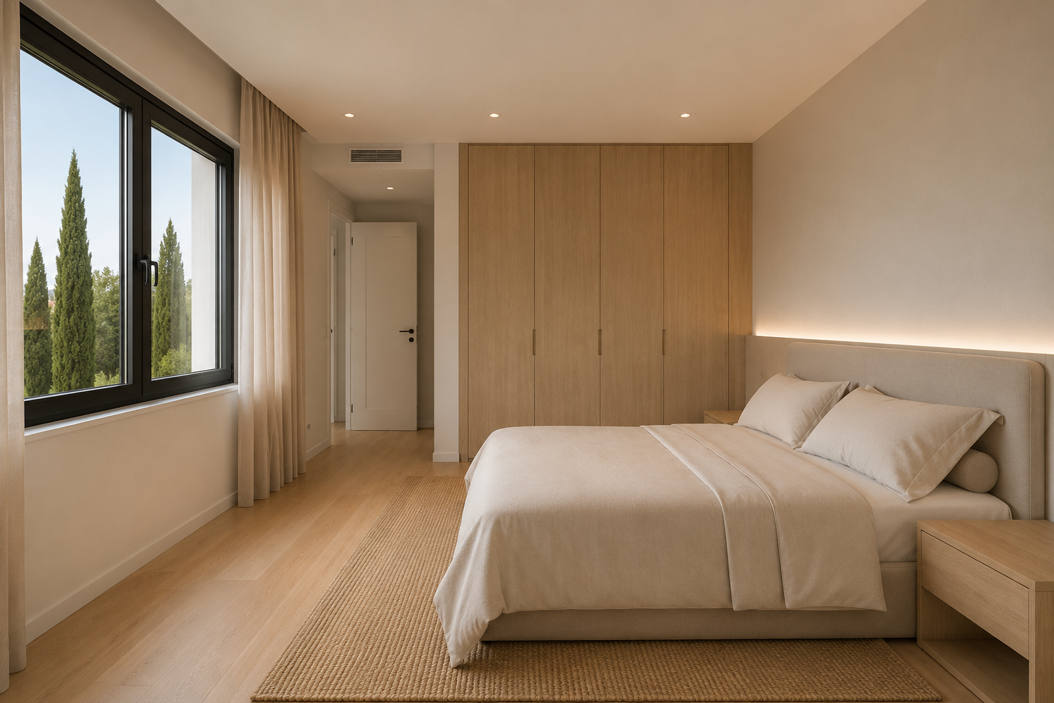 Helles, minimalistisches Schlafzimmer mit Naturholz und Blick ins Grüne