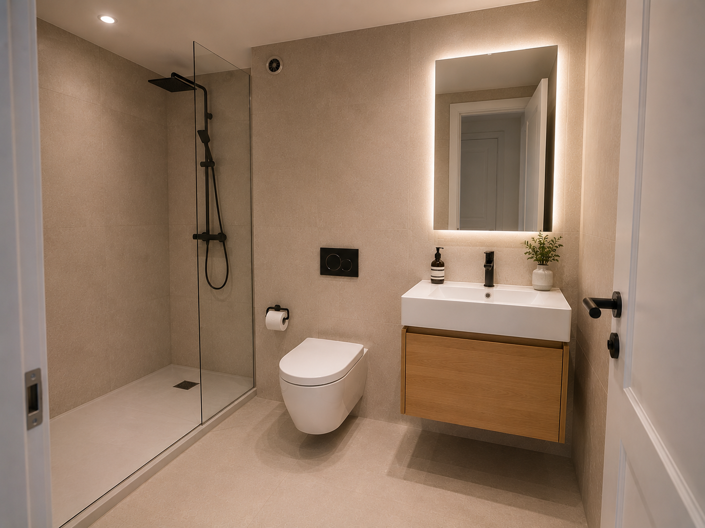 Modernes Badezimmer mit begehbarer Dusche und beleuchtetem Spiegel