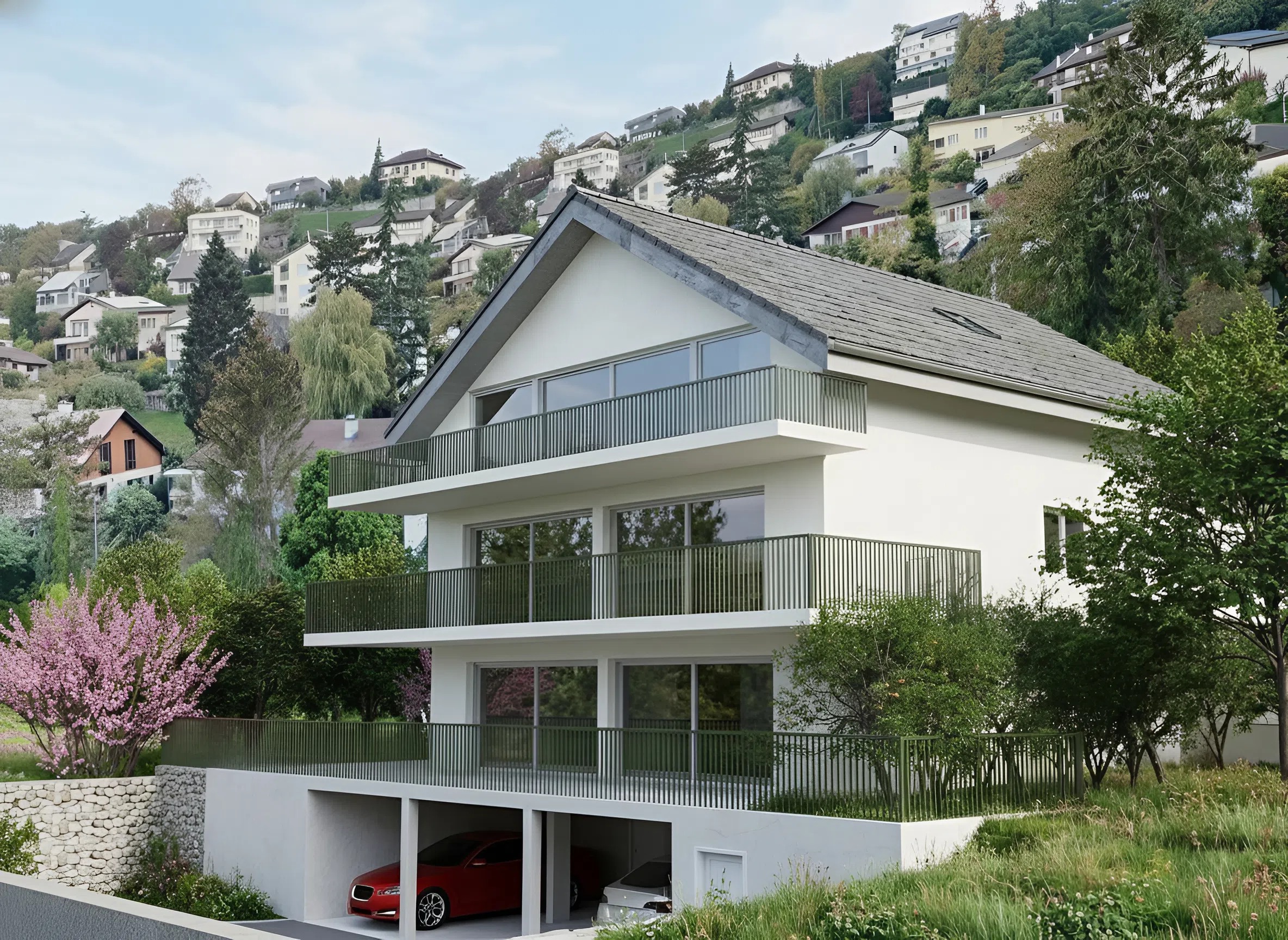 Modernes Einfamilienhaus mit Hanglage und Balkonen