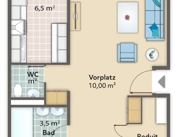 Grundriss mit Vorplatz, Bad und WC