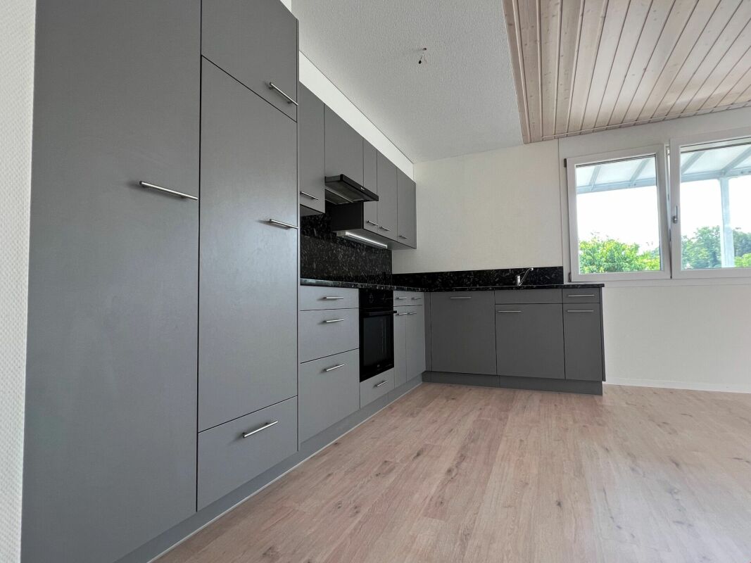 Moderne graue Einbauküche mit Fenster