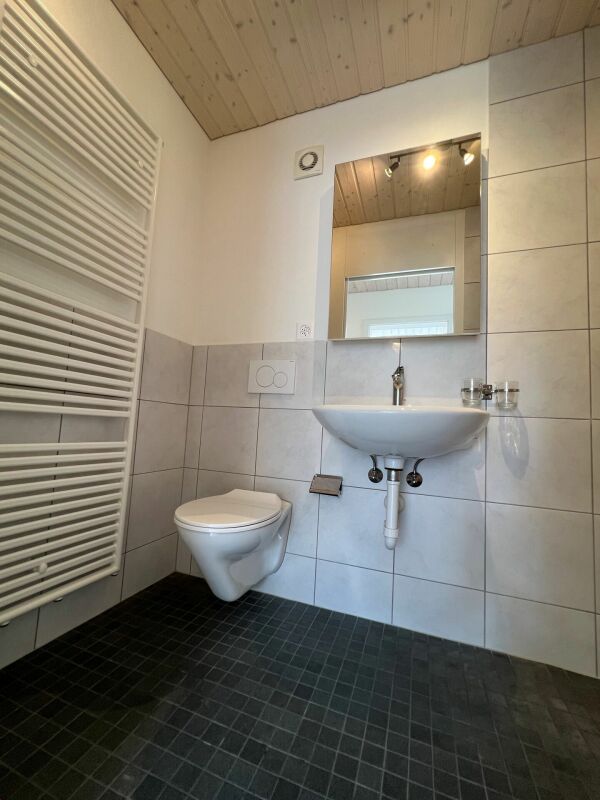 Kleines modernes Bad mit Wand-WC und Waschtisch