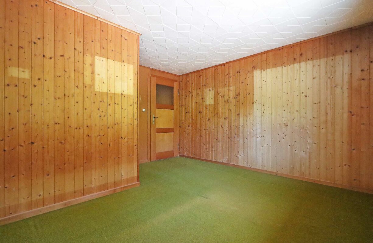 Holzvertäfelter Raum mit grünem Teppich