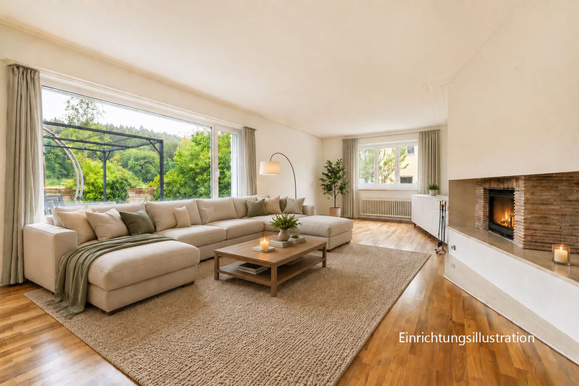 Helles Wohnzimmer mit Kamin und großer Fensterfront