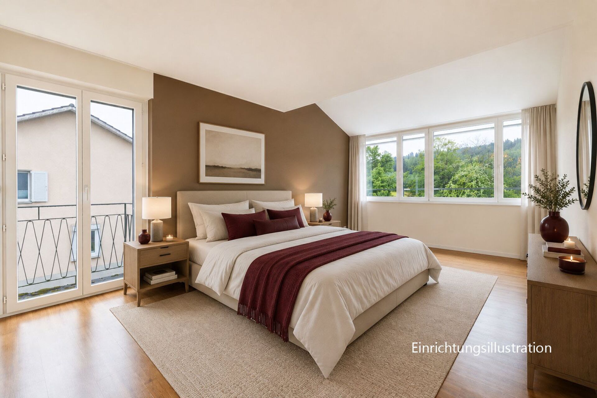 Helles, modern eingerichtetes Schlafzimmer mit Balkon und Ausblick ins Grüne