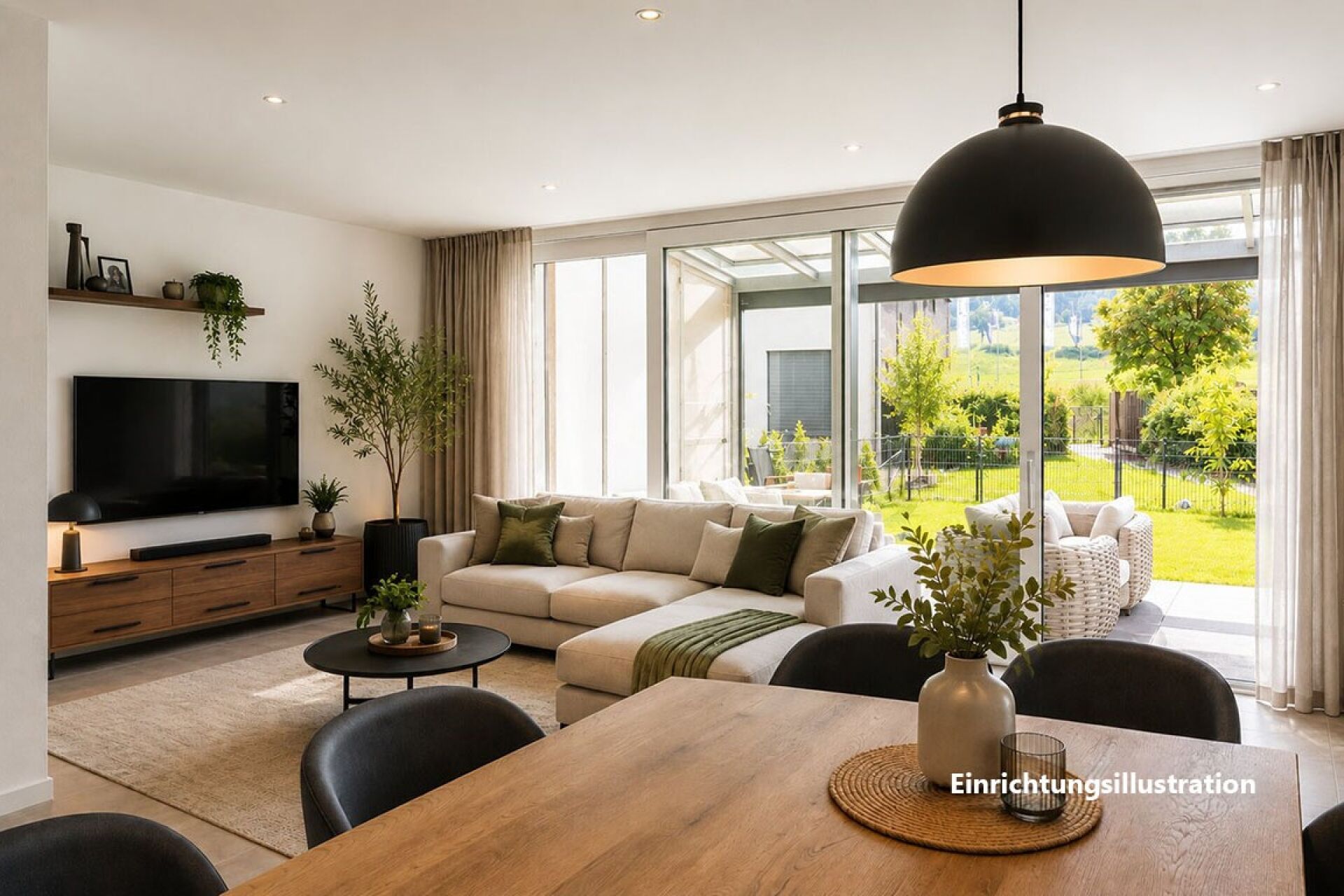 Offener Wohn- und Essbereich mit Gartenblick