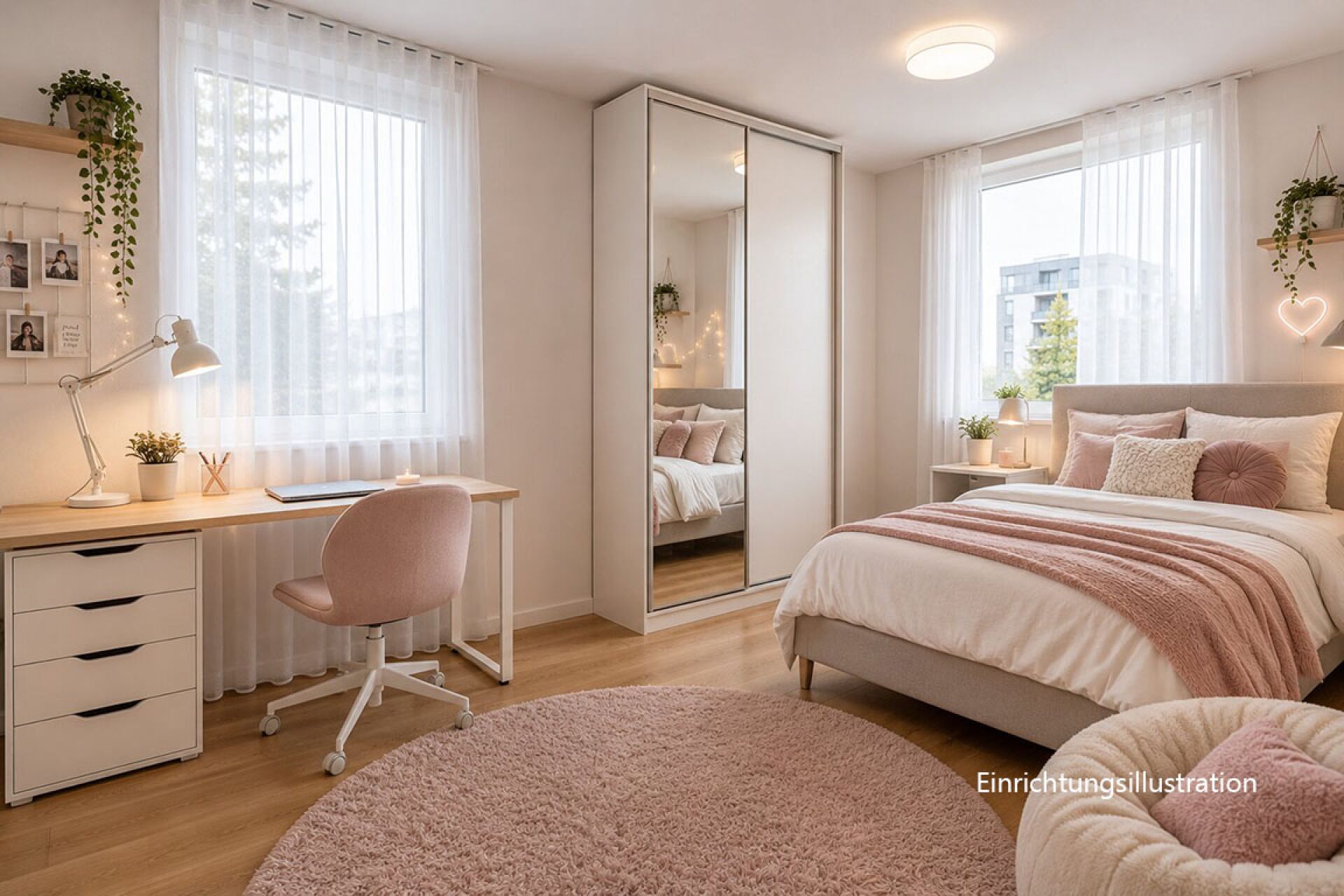 Helles, modern eingerichtetes Schlafzimmer mit Arbeitsplatz