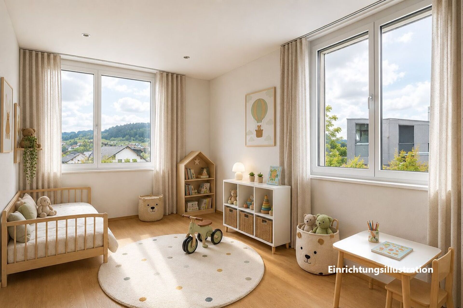 Helles Kinderzimmer mit Blick ins Grüne