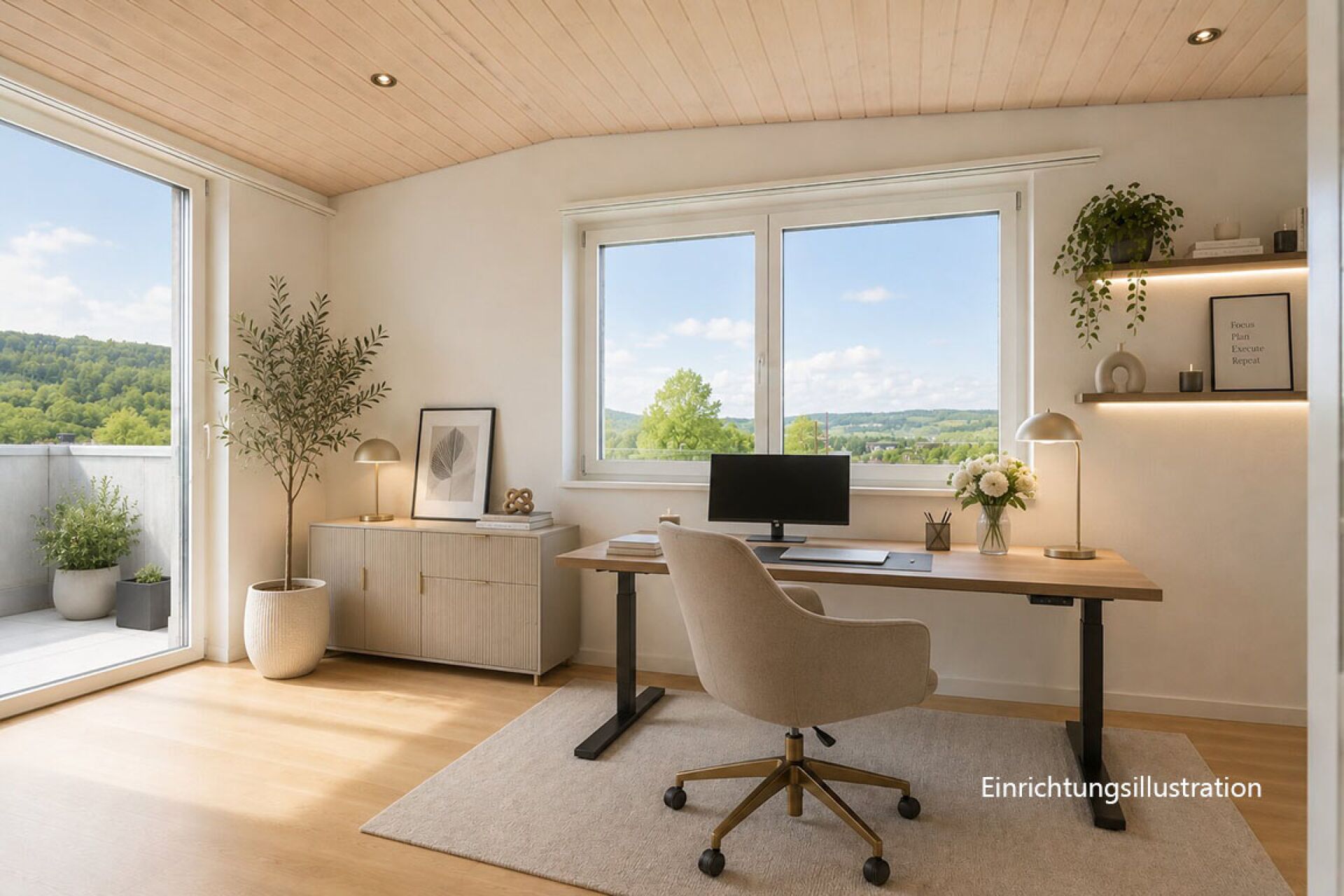 Heller Home-Office-Raum mit Panoramablick
