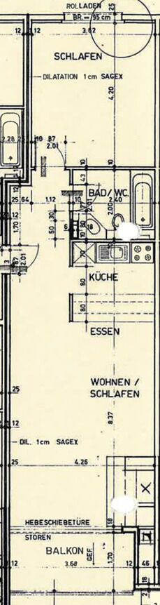 Grundriss mit Schlafzimmer, Bad/WC, Küche, Essen, Wohnen/Schlafen und Balkon