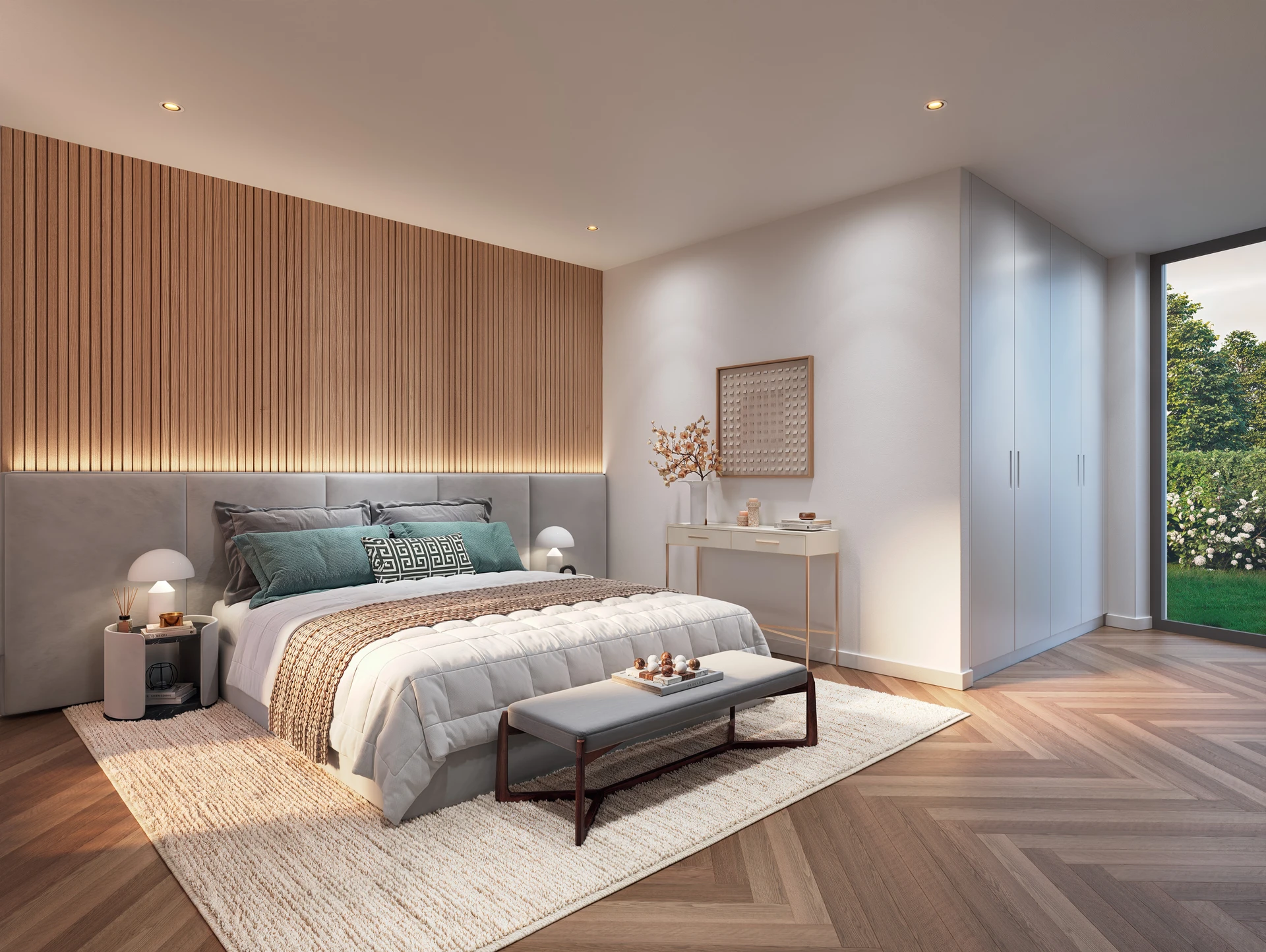 Modernes Schlafzimmer mit warmen Holz- und Naturtönen