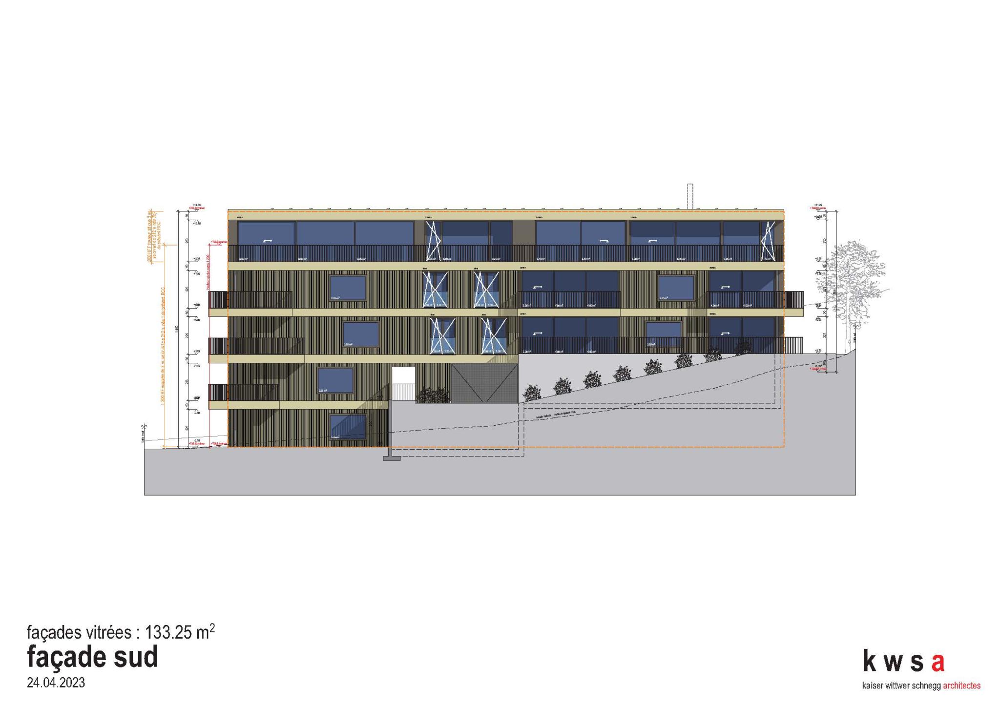 Südansicht eines mehrgeschossigen Gebäudes in Architekturzeichnung