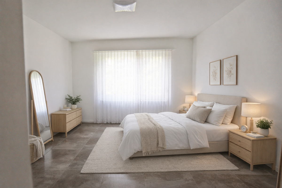 Helles Schlafzimmer mit neutraler Einrichtung