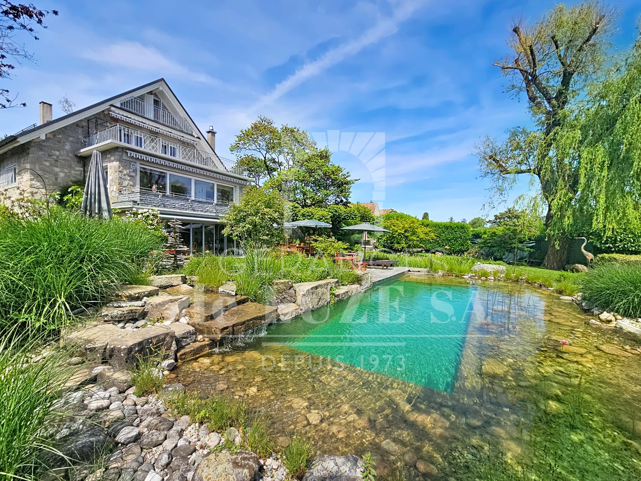 Gartenansicht mit Naturpool und großer Villa