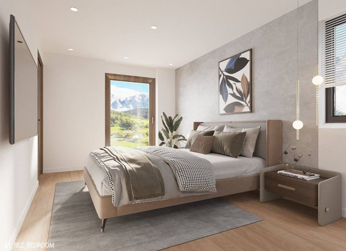 Modernes Schlafzimmer mit Bergblick