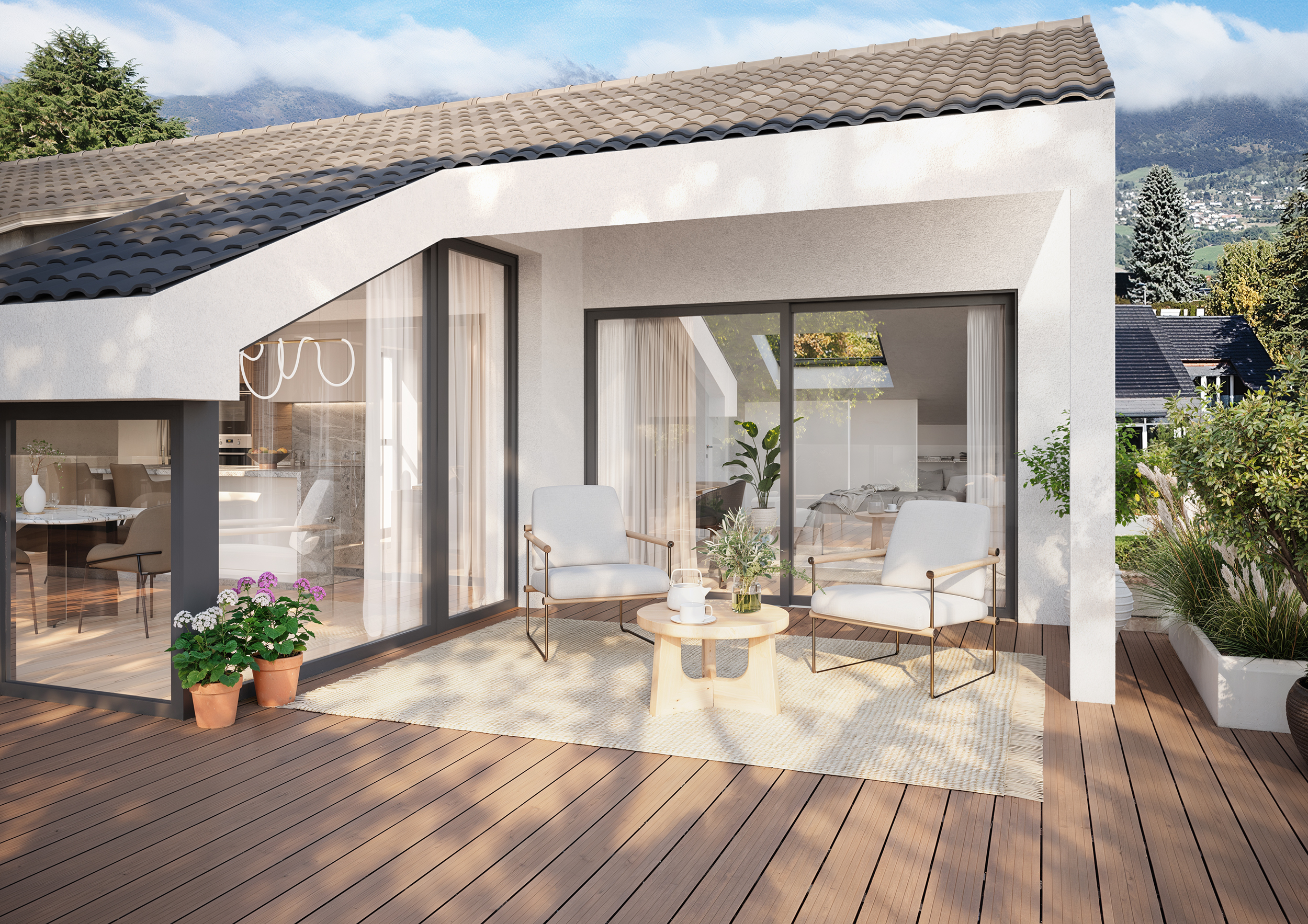 Moderne Terrasse mit Blick ins Grüne