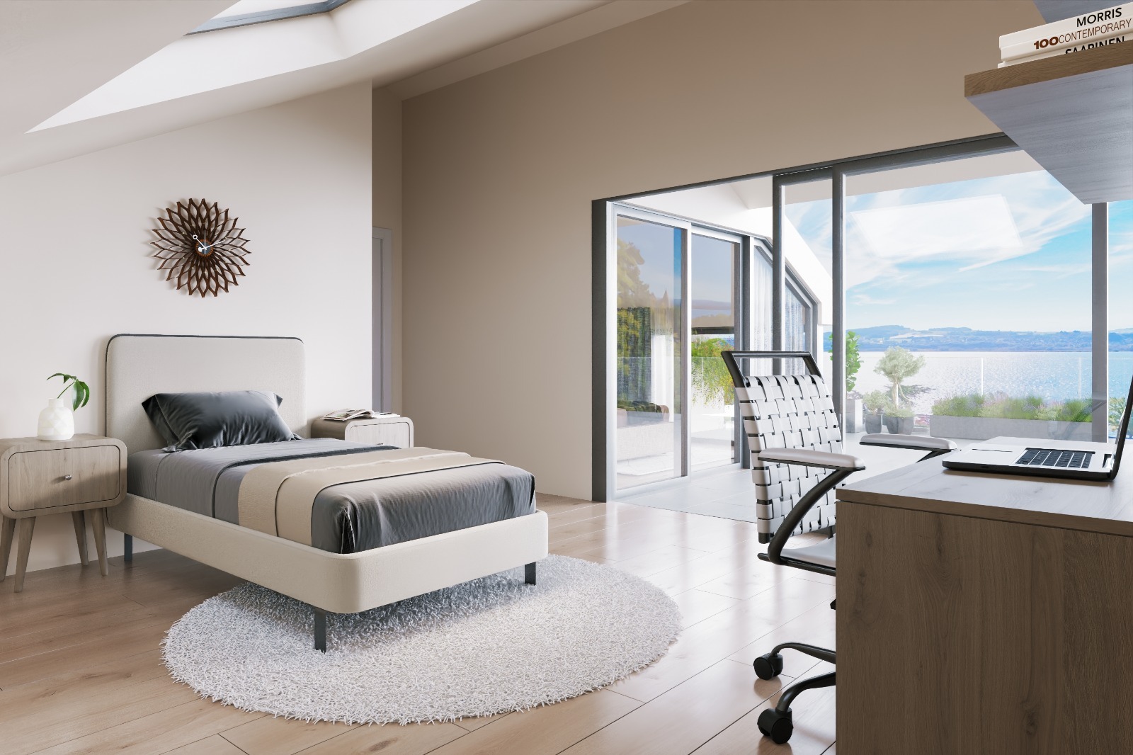 Helles Schlafzimmer mit Arbeitsbereich und Seeblick
