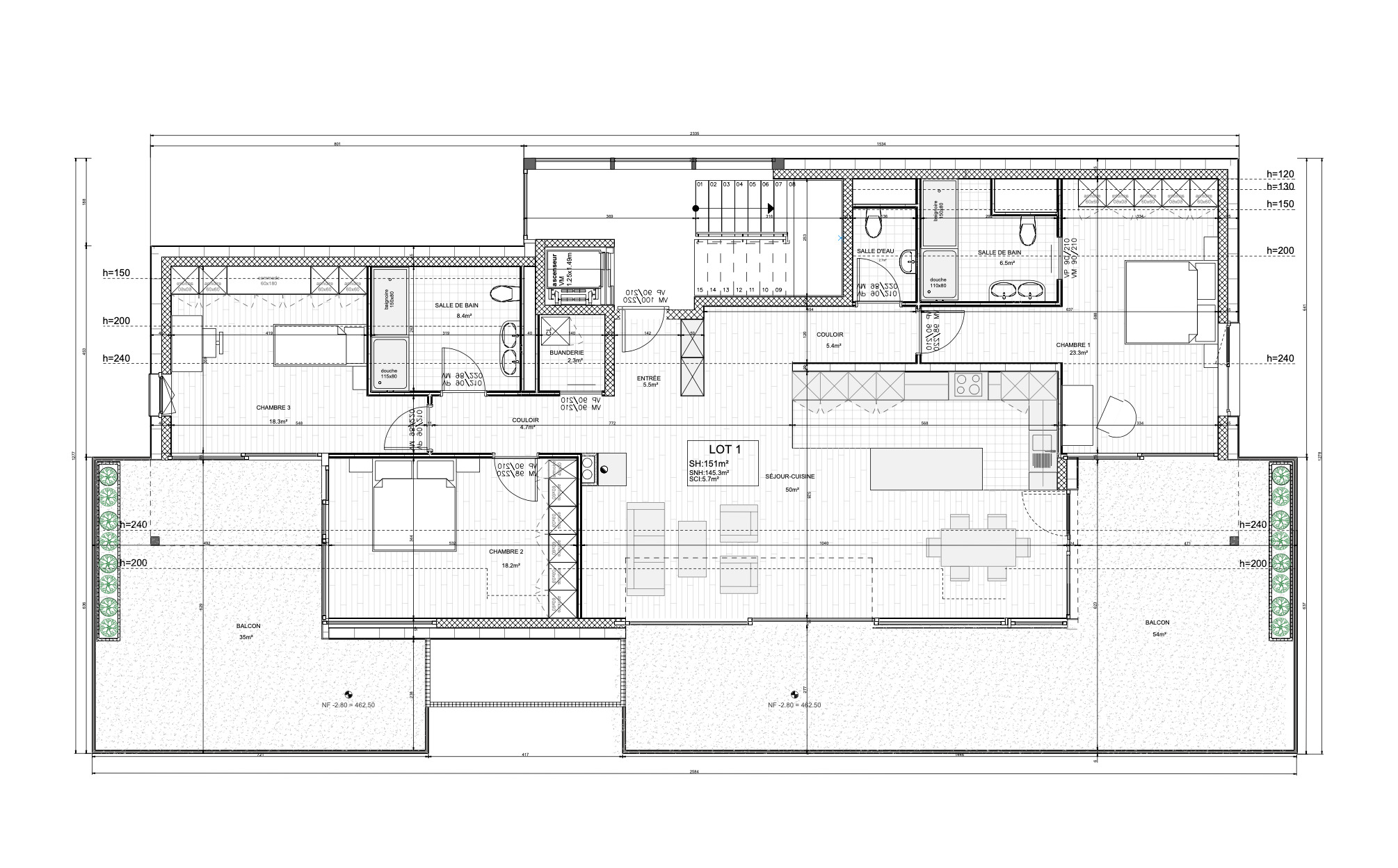 Grundriss einer großen Wohnung mit Balkonen