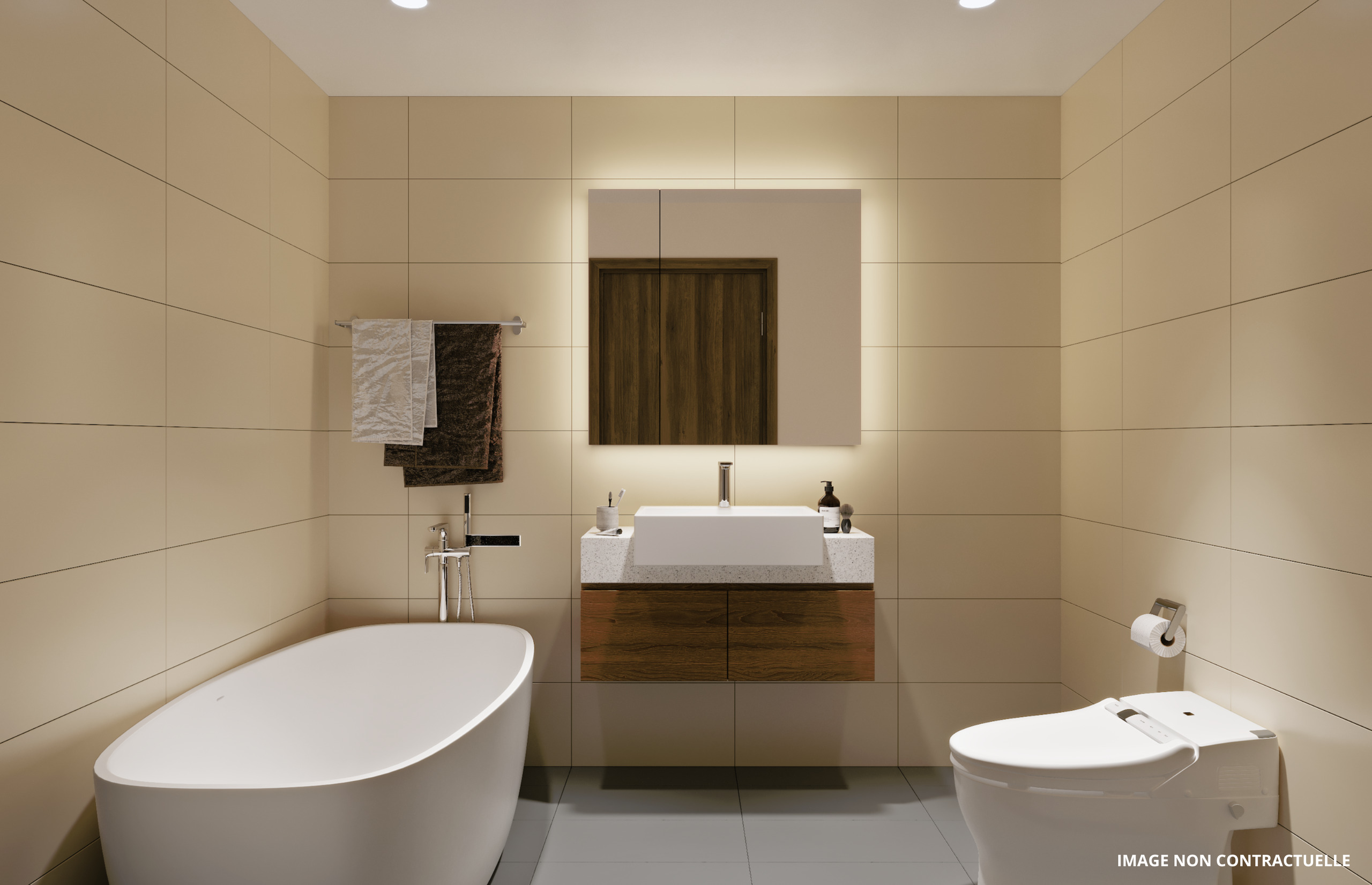 Modernes Badezimmer mit freistehender Wanne und Wand-WC