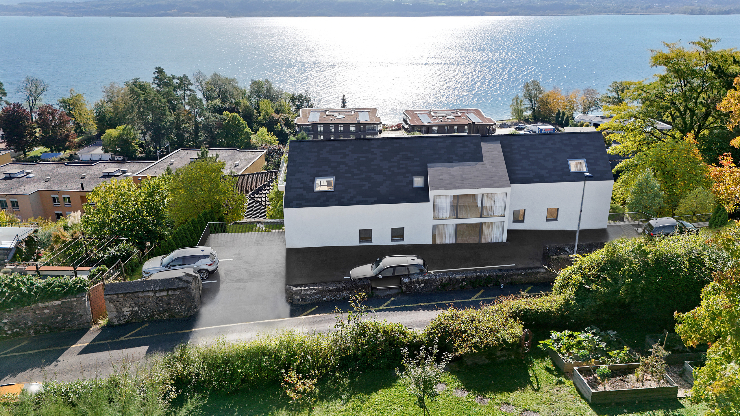 Seegrundstück mit modernem Mehrfamilienhaus