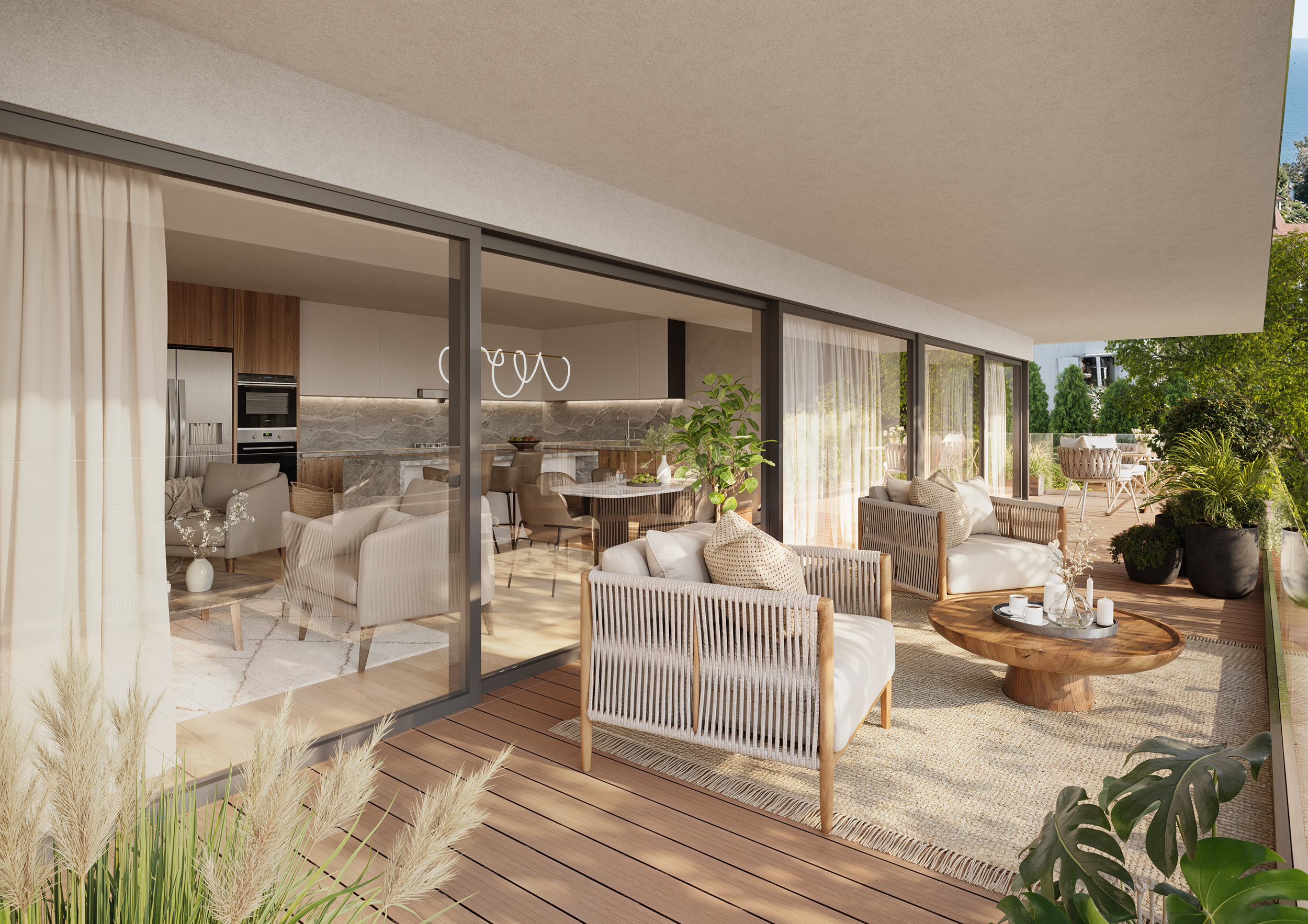 Moderne Terrasse mit Wohnbereich und offener Küche