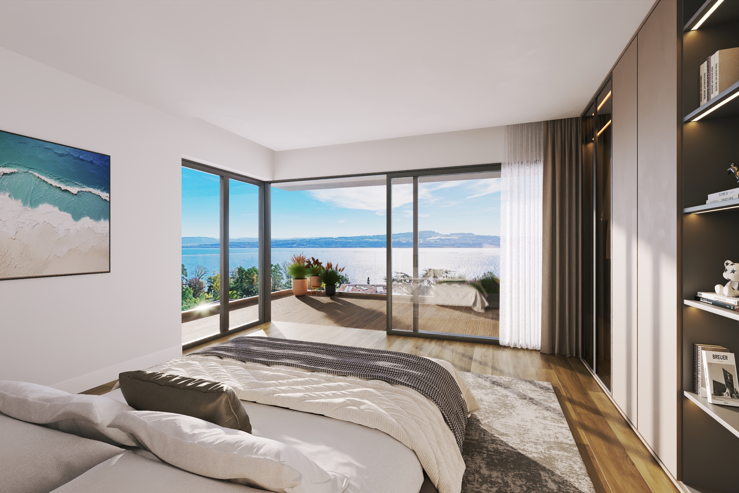 Moderne Schlafzimmer-Suite mit Panoramablick auf das Wasser