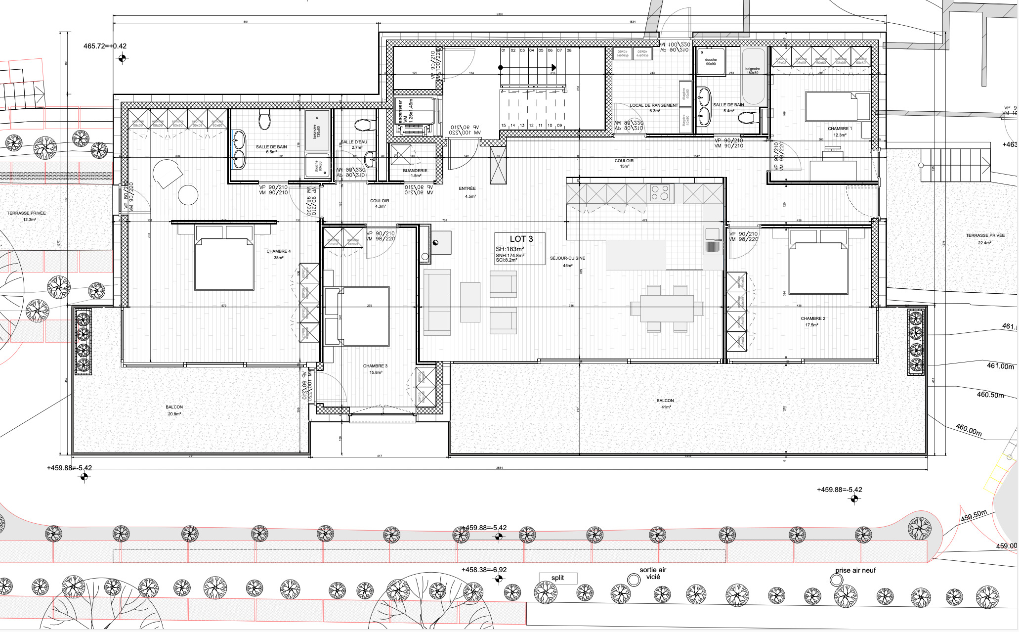 Grundriss einer großzügigen Wohnung mit Terrassen und Balkonen