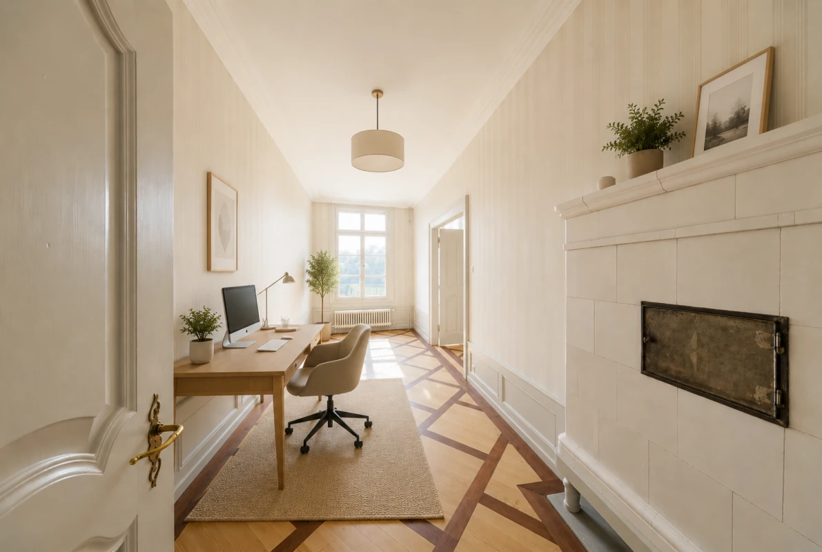 Eleganter Flur mit Arbeitsplatz und Kamin