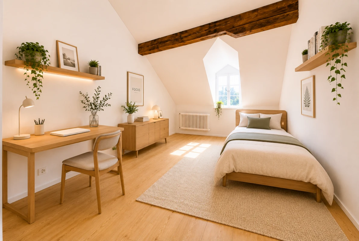 Gemütliches Dachzimmer mit Bett und Arbeitsplatz