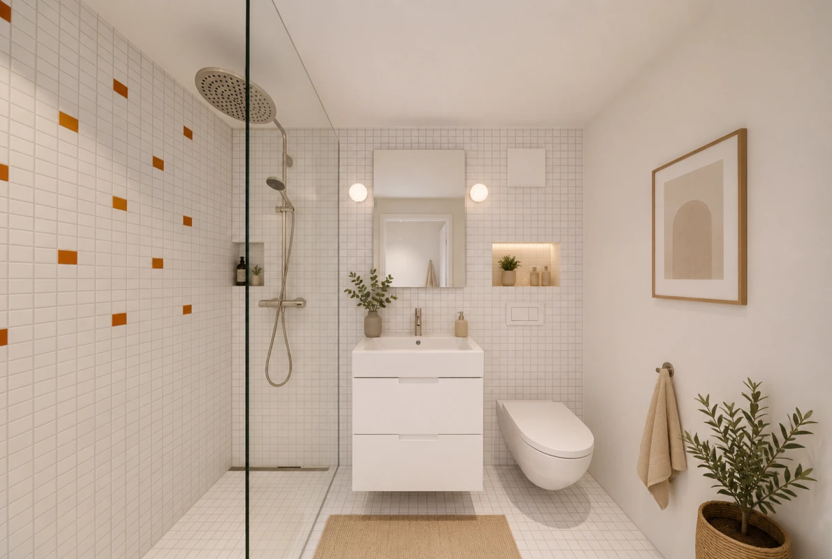 Modernes Bad mit Walk-in-Dusche und wandhängendem WC