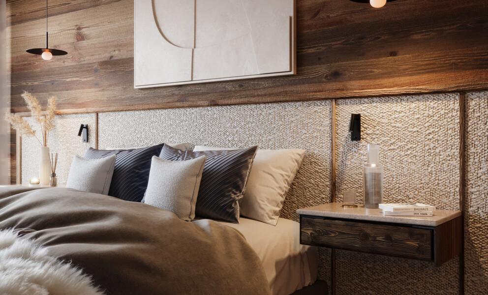 Gemütliches Schlafzimmer mit warmen Holz- und Naturtönen