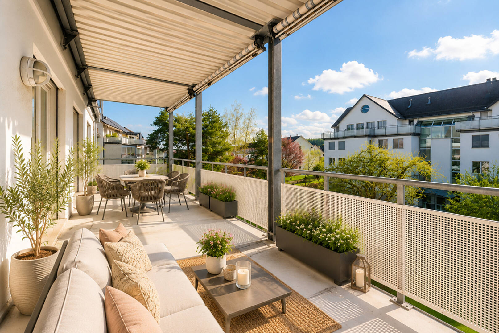 Großzügiger Balkon mit Lounge- und Essbereich