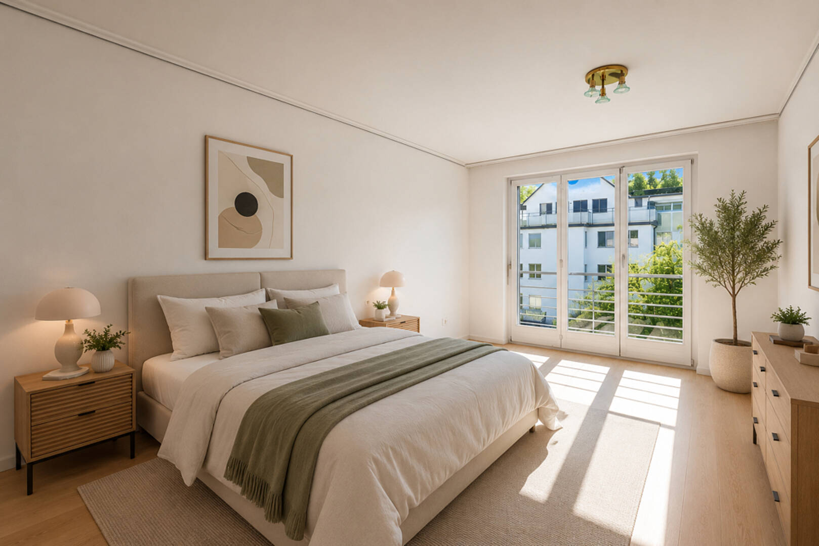 Helles Schlafzimmer mit Balkonblick
