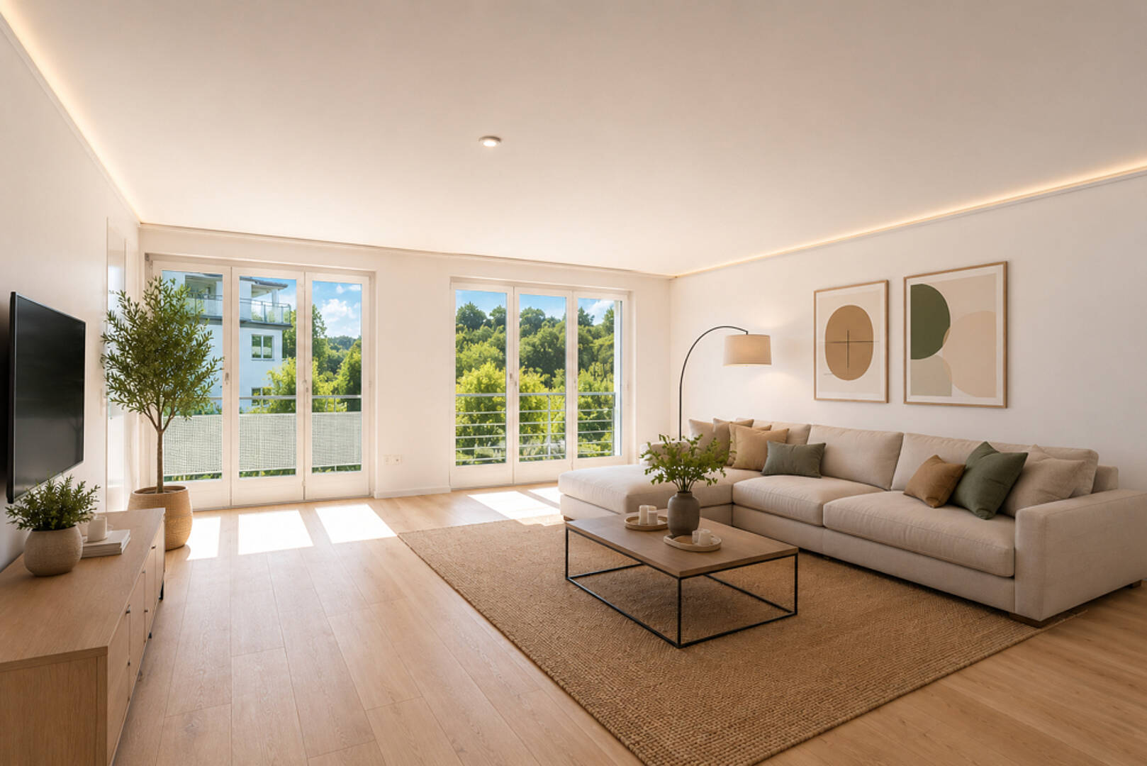 Helles, modernes Wohnzimmer mit Balkonblick