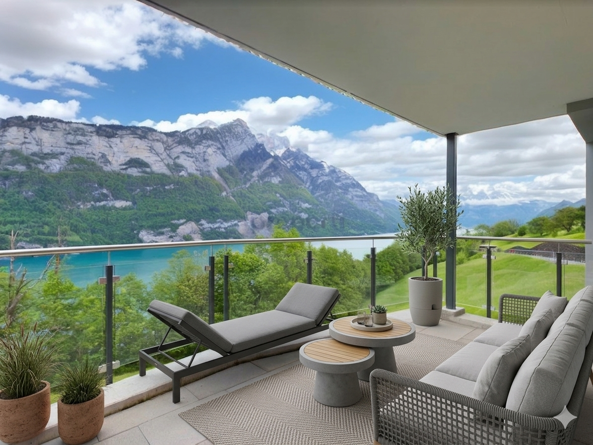 Balkon mit Berg- und Seeblick