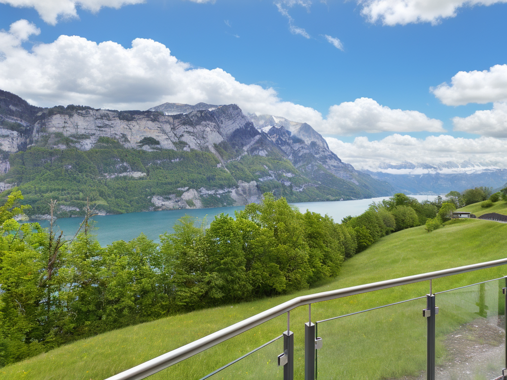 Alpenpanorama mit See und Balkon