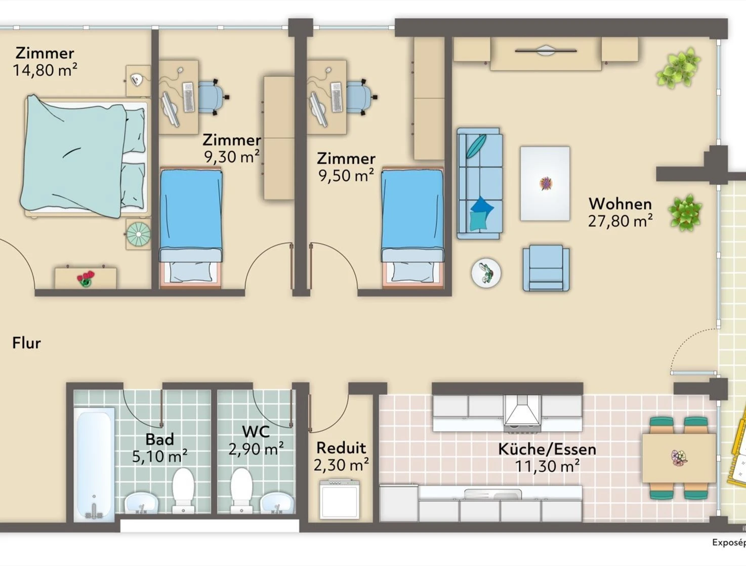 Grundriss einer Wohnung mit Zimmern, Bad, WC, Küche/Essen und Flur