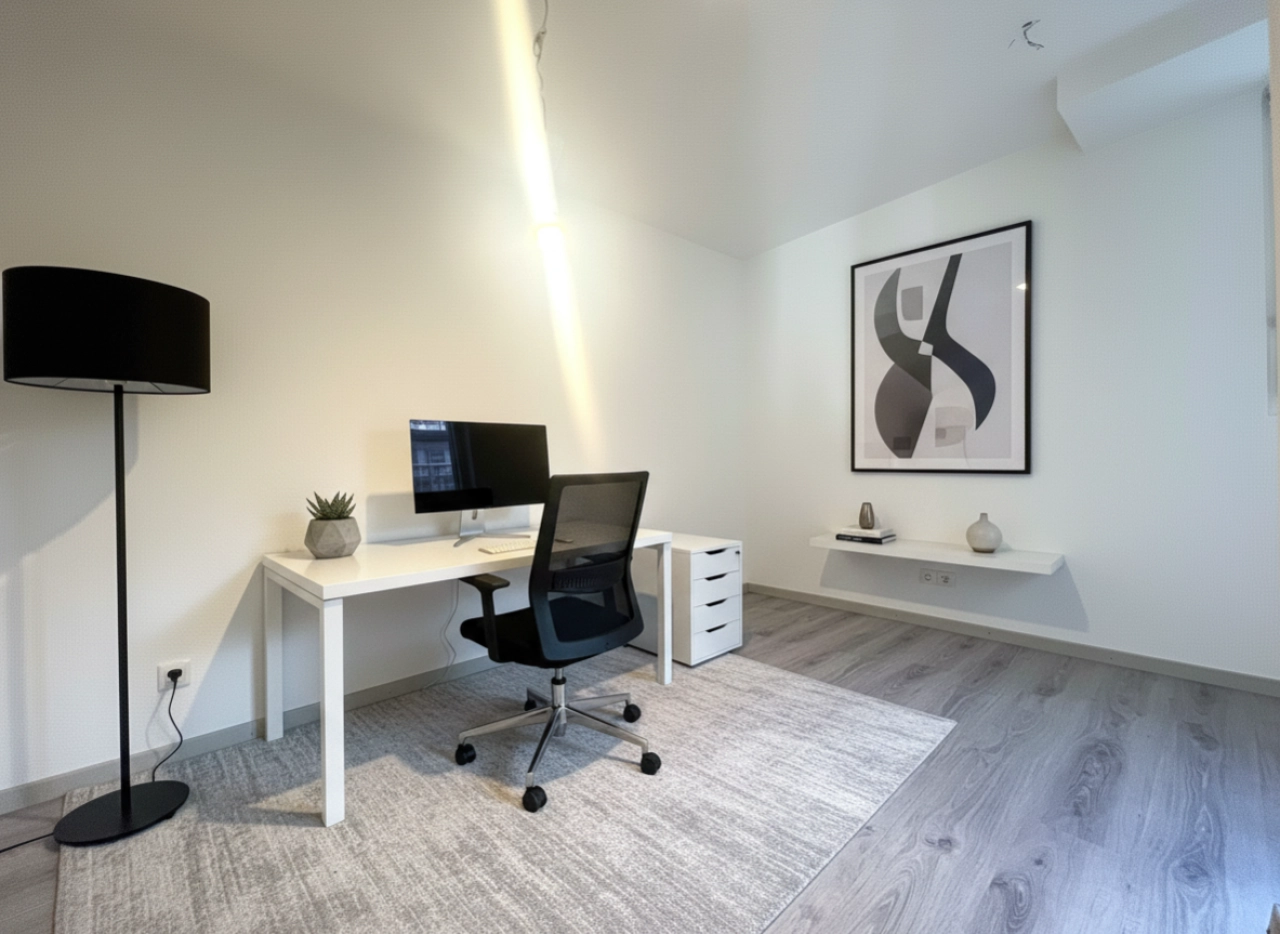 Modernes Home-Office mit Schreibtisch und Stehlampe