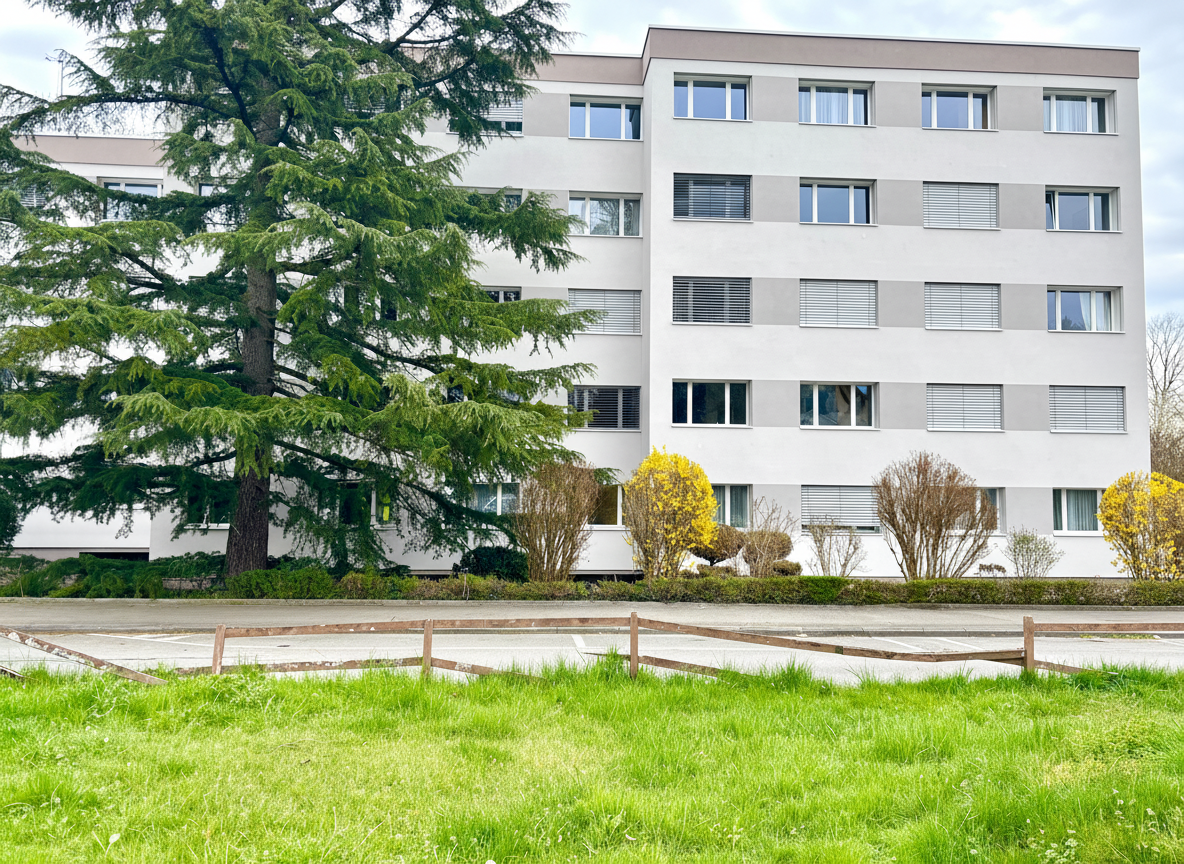 Mehrfamilienhaus mit weißer Fassade und großen Bäumen